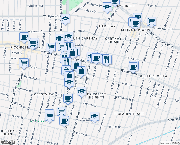 map of restaurants, bars, coffee shops, grocery stores, and more near 1432 1/2 South Crescent Heights Boulevard in Los Angeles