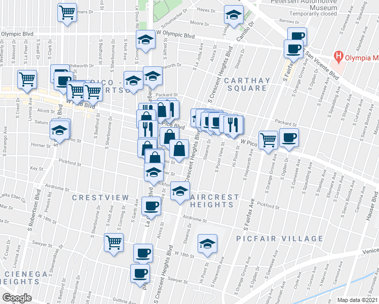 map of restaurants, bars, coffee shops, grocery stores, and more near 1432 1/2 South Crescent Heights Boulevard in Los Angeles