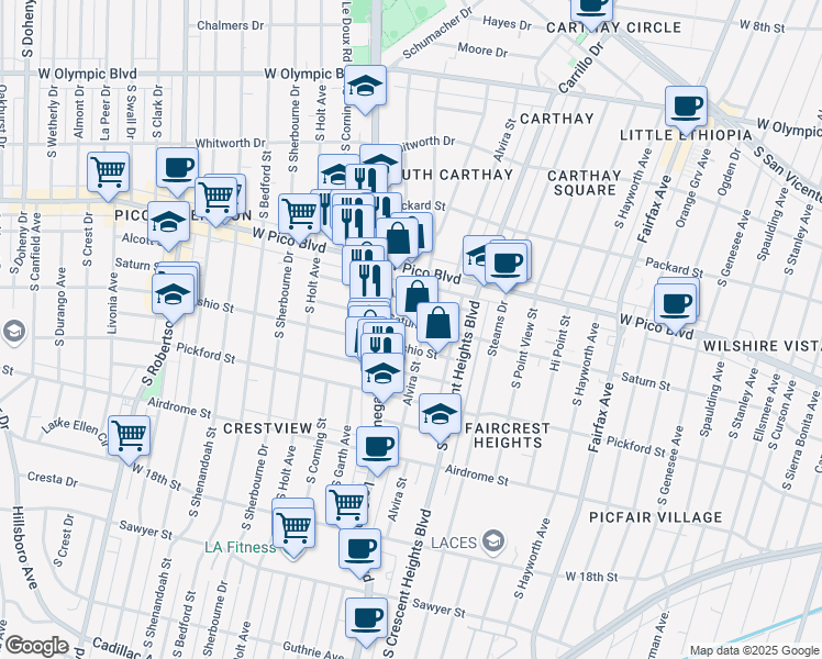 map of restaurants, bars, coffee shops, grocery stores, and more near 6137 1/2 Saturn Street in Los Angeles