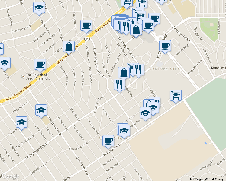 map of restaurants, bars, coffee shops, grocery stores, and more near 2141 Benecia Avenue in Los Angeles