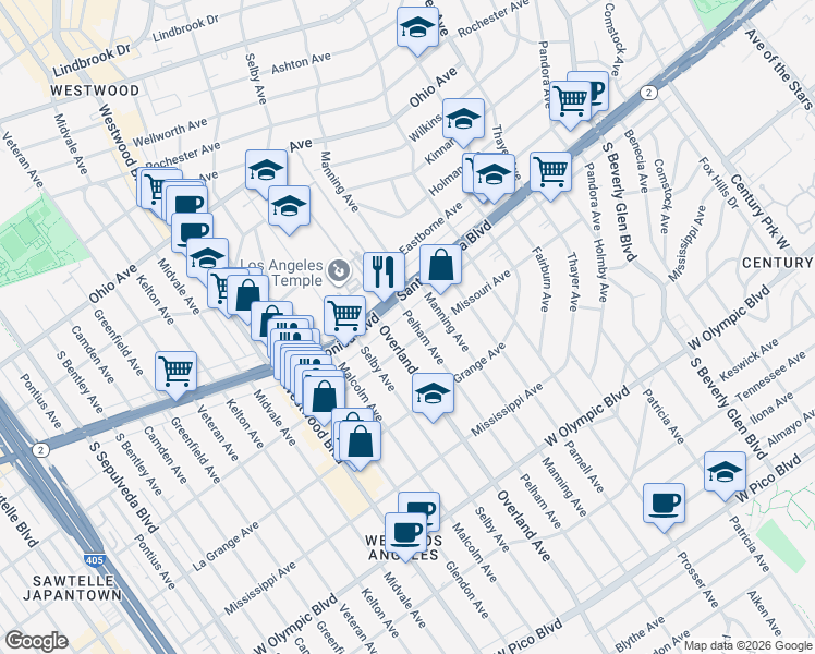 map of restaurants, bars, coffee shops, grocery stores, and more near 1827 Manning Avenue in Los Angeles