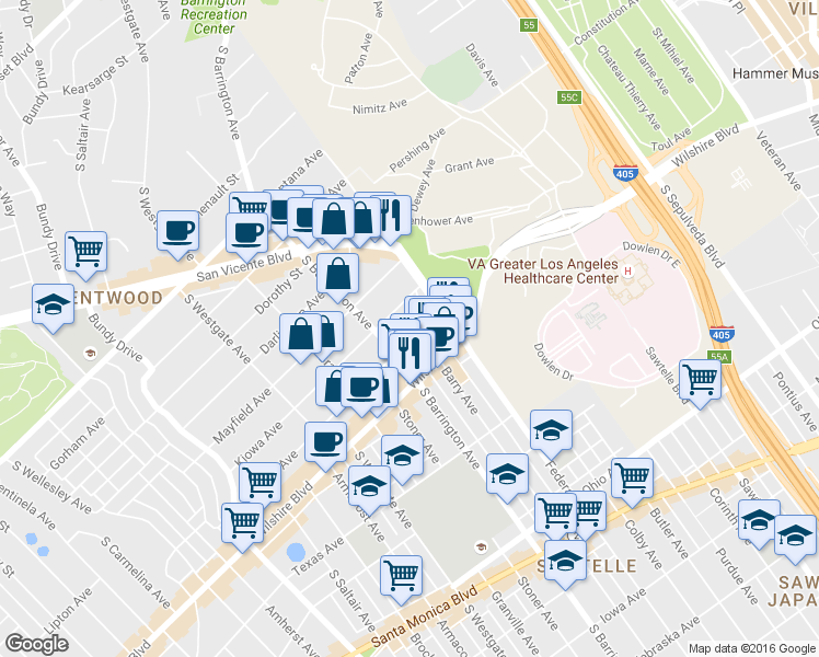 map of restaurants, bars, coffee shops, grocery stores, and more near 1145 Barry Avenue in Los Angeles