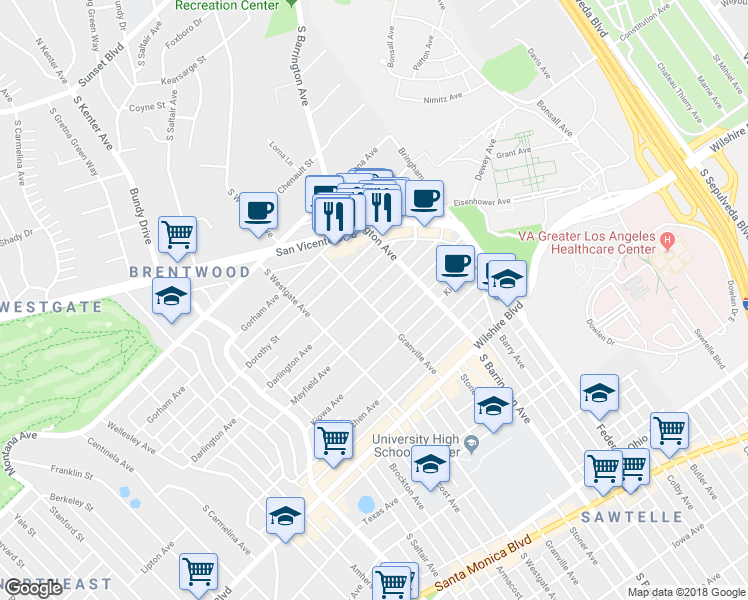 map of restaurants, bars, coffee shops, grocery stores, and more near 11753 Mayfield Avenue in Los Angeles