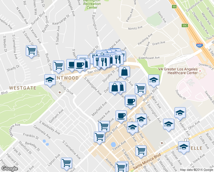 map of restaurants, bars, coffee shops, grocery stores, and more near 11818 Dorothy Street in Los Angeles