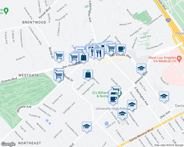 map of restaurants, bars, coffee shops, grocery stores, and more near 11840 Gorham Avenue in Los Angeles