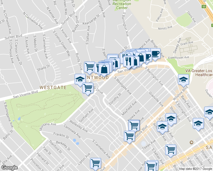 map of restaurants, bars, coffee shops, grocery stores, and more near 11961 Montana Avenue in Los Angeles