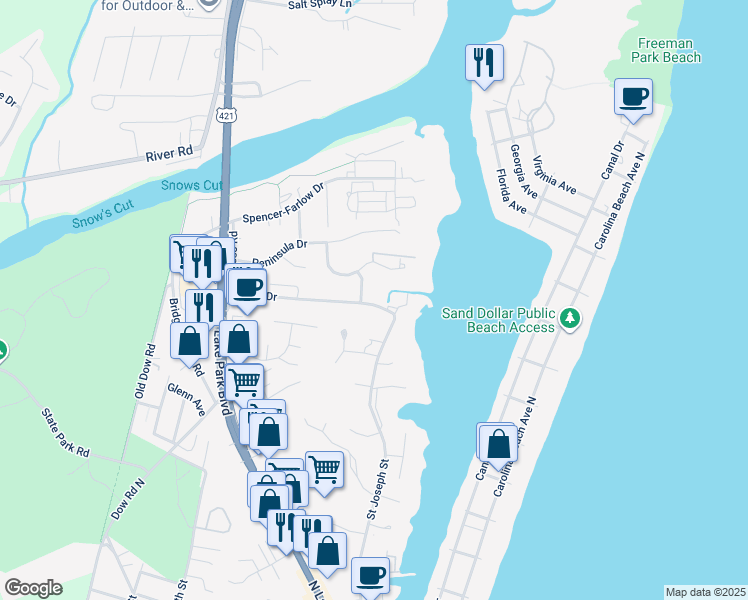 map of restaurants, bars, coffee shops, grocery stores, and more near 404 Otter Road in Carolina Beach