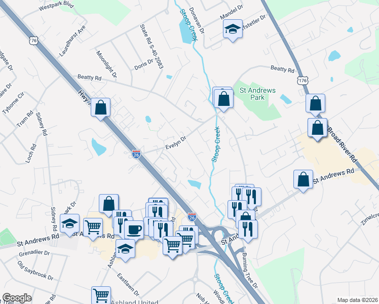 map of restaurants, bars, coffee shops, grocery stores, and more near 3643 Juneau Road in Columbia