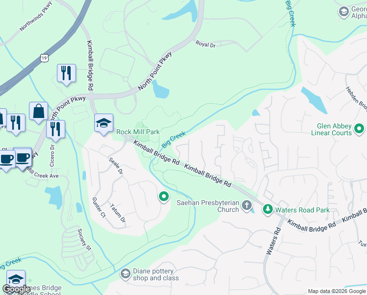 map of restaurants, bars, coffee shops, grocery stores, and more near 1045 Sterling Brooke Drive in Alpharetta