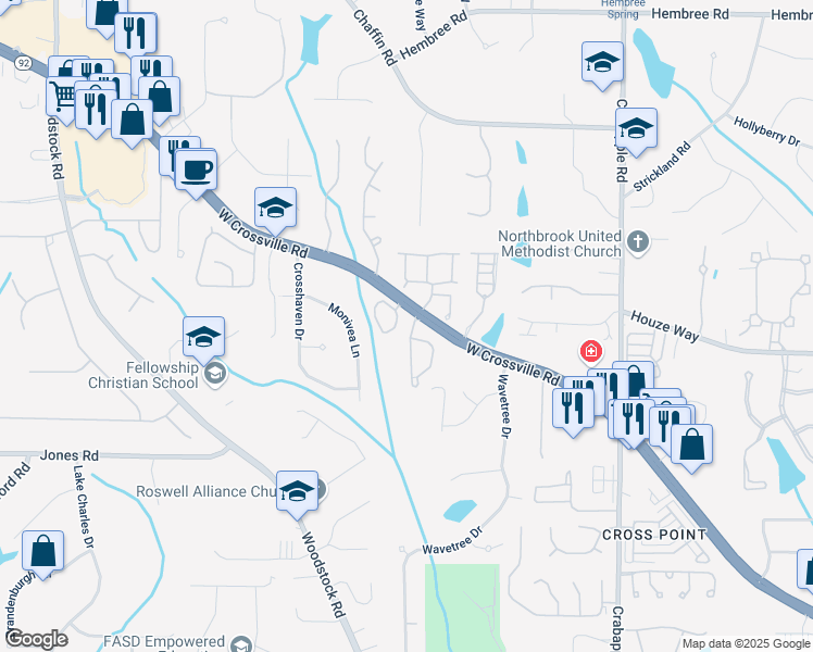 map of restaurants, bars, coffee shops, grocery stores, and more near 5010 Foxberry Lane in Roswell