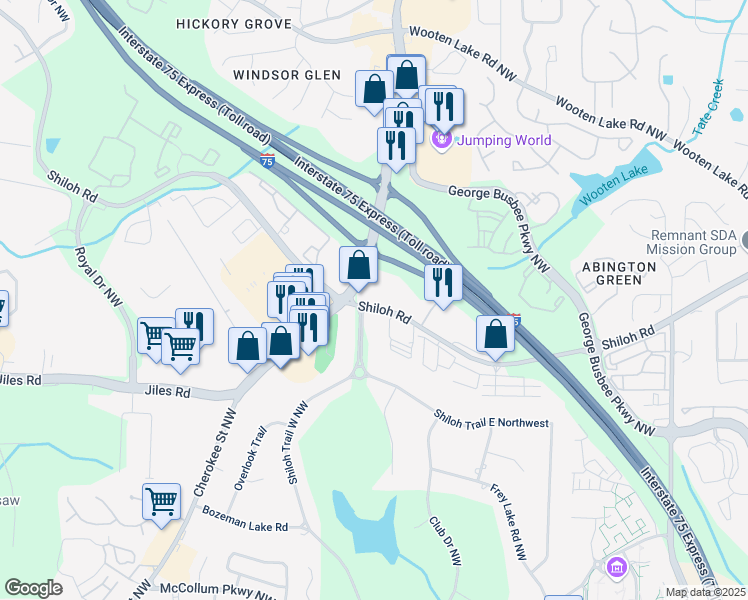 map of restaurants, bars, coffee shops, grocery stores, and more near 1460 Shiloh Road in Kennesaw