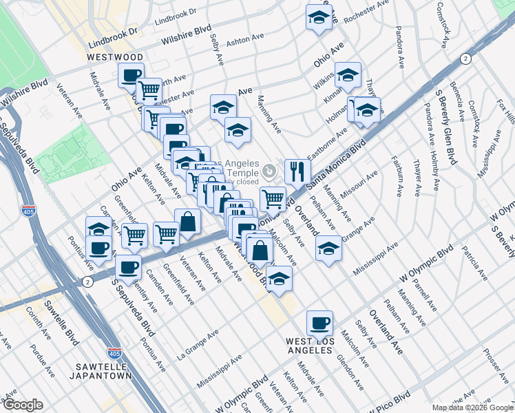 map of restaurants, bars, coffee shops, grocery stores, and more near 1738 Malcolm Avenue in Los Angeles