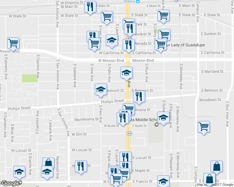 map of restaurants, bars, coffee shops, grocery stores, and more near 201 West Belmont Street in Ontario