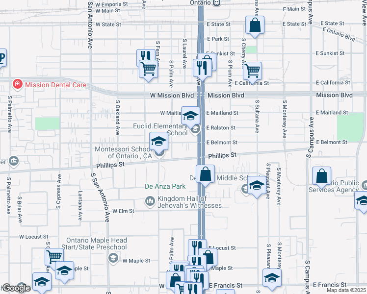 map of restaurants, bars, coffee shops, grocery stores, and more near 201 West Belmont Street in Ontario