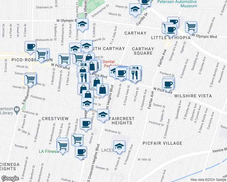 map of restaurants, bars, coffee shops, grocery stores, and more near 1444 South Crescent Heights Boulevard in Los Angeles