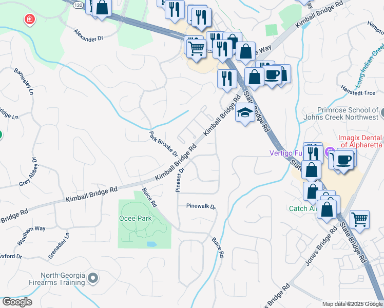 map of restaurants, bars, coffee shops, grocery stores, and more near 4200 Pine Vista Boulevard in Alpharetta