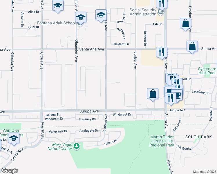 map of restaurants, bars, coffee shops, grocery stores, and more near 11155 Cypress Avenue in Fontana