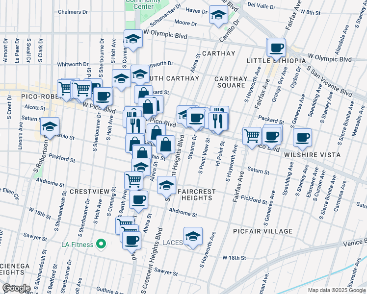 map of restaurants, bars, coffee shops, grocery stores, and more near 1432 1/2 South Crescent Heights Boulevard in Los Angeles