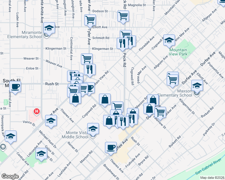 map of restaurants, bars, coffee shops, grocery stores, and more near 2130 Cogswell Road in El Monte