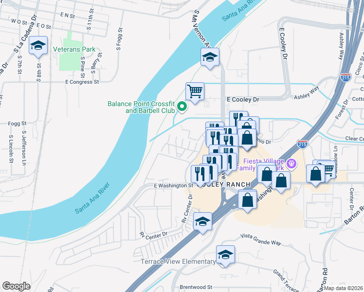 map of restaurants, bars, coffee shops, grocery stores, and more near 1097 South Santo Antonio Drive in Colton