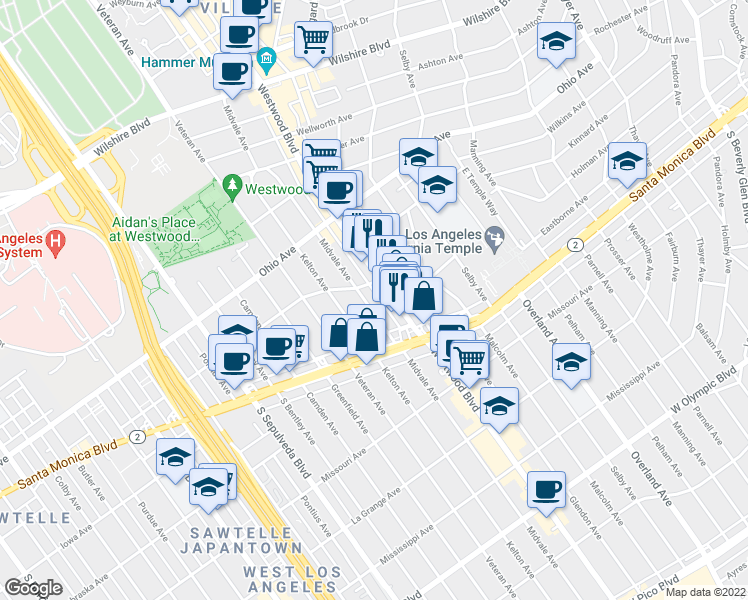 map of restaurants, bars, coffee shops, grocery stores, and more near 1726 Midvale Avenue in Los Angeles