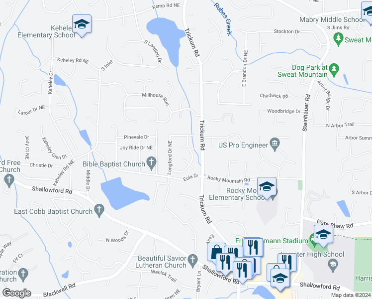 map of restaurants, bars, coffee shops, grocery stores, and more near 2051 Longford Club Northeast in Marietta