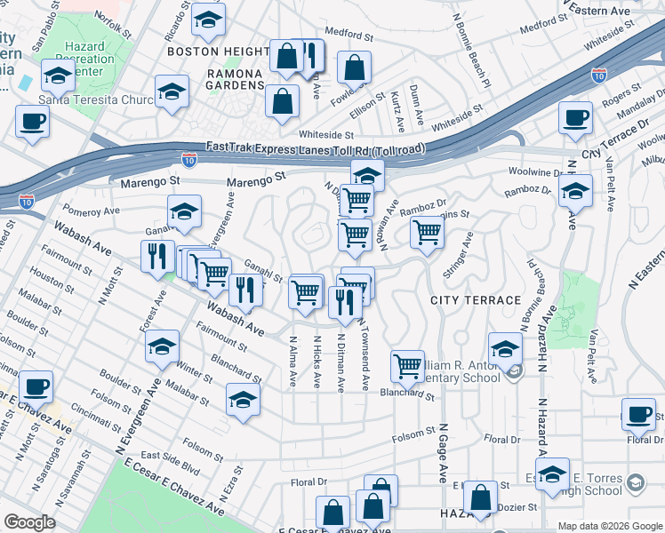 map of restaurants, bars, coffee shops, grocery stores, and more near 3498 Pomeroy Street in Los Angeles