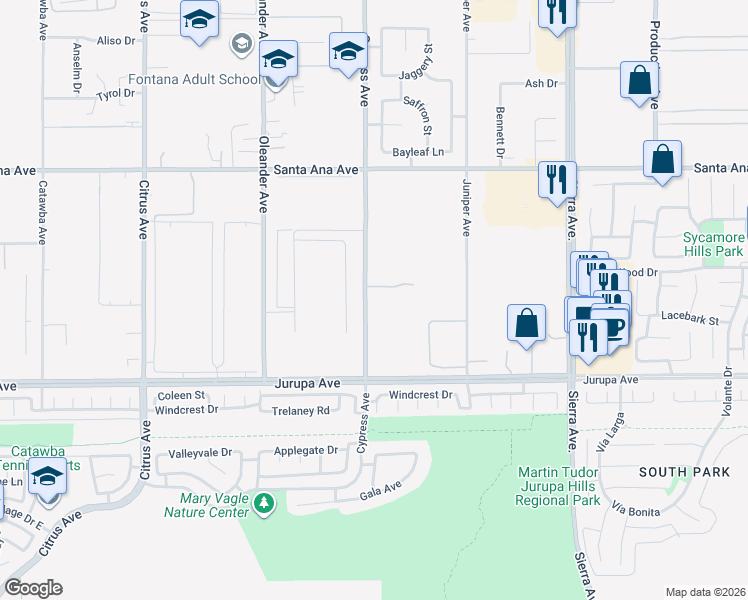 map of restaurants, bars, coffee shops, grocery stores, and more near 11155 Cypress Avenue in Fontana