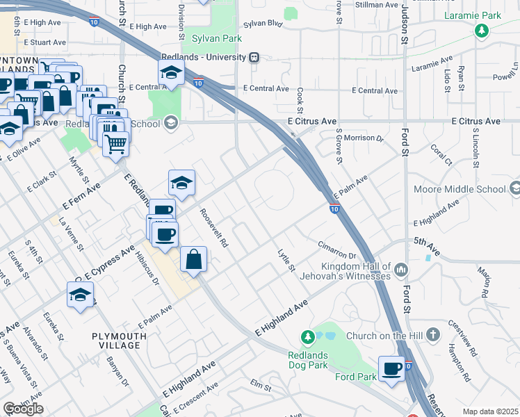 map of restaurants, bars, coffee shops, grocery stores, and more near 822 Ardmore Circle in Redlands