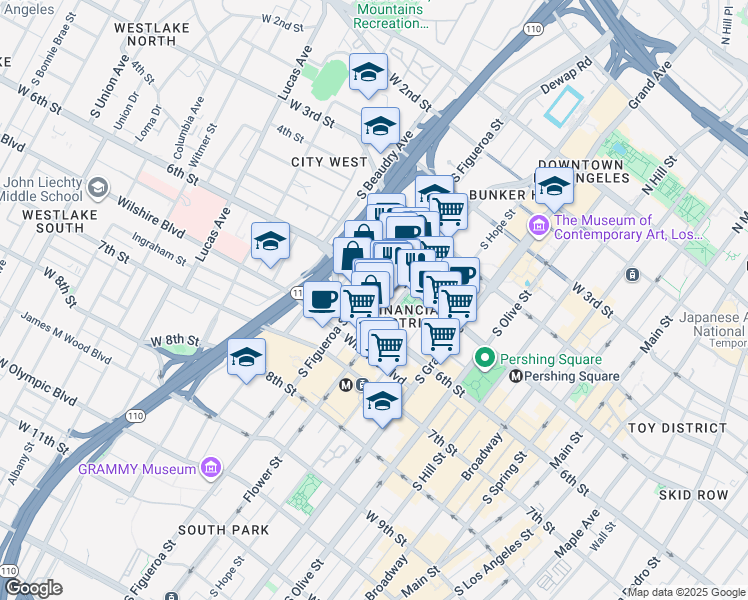 map of restaurants, bars, coffee shops, grocery stores, and more near 515 Flower Street in Los Angeles