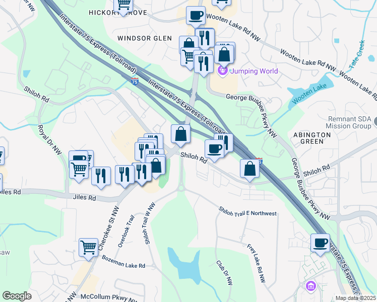 map of restaurants, bars, coffee shops, grocery stores, and more near 1460 Shiloh Road in Kennesaw