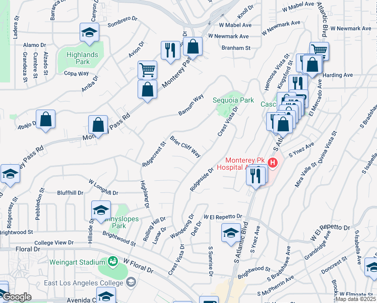 map of restaurants, bars, coffee shops, grocery stores, and more near 1148 Brier Cliff Way in Monterey Park