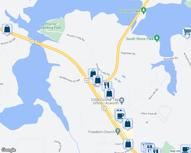 map of restaurants, bars, coffee shops, grocery stores, and more near 3911 Abernathy Farm Way Northwest in Acworth