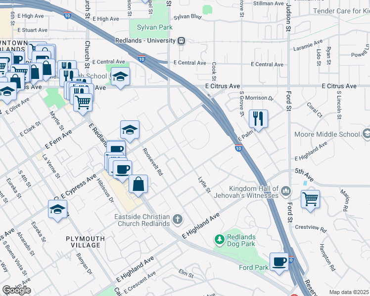 map of restaurants, bars, coffee shops, grocery stores, and more near 822 Ardmore Circle in Redlands