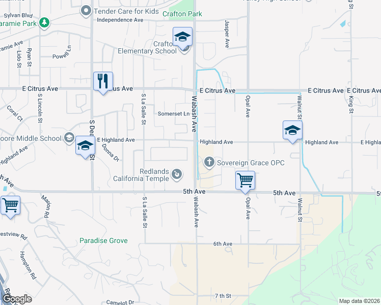 map of restaurants, bars, coffee shops, grocery stores, and more near 220 Eastpark Lane in Redlands