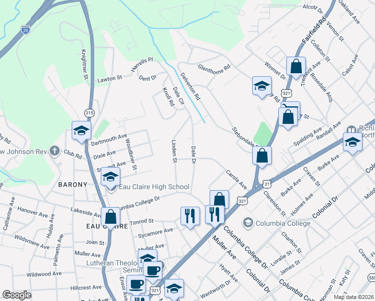 map of restaurants, bars, coffee shops, grocery stores, and more near 4823 Dale Drive in Columbia