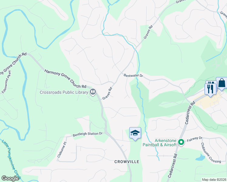 map of restaurants, bars, coffee shops, grocery stores, and more near 190 Graves Road in Acworth