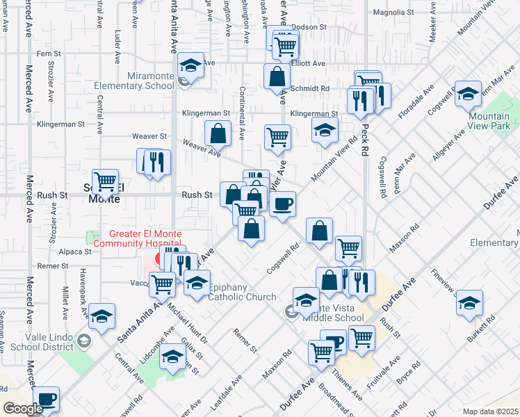map of restaurants, bars, coffee shops, grocery stores, and more near 10915 Rush Street in South El Monte