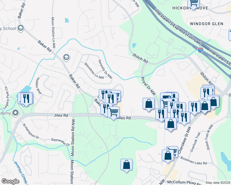 map of restaurants, bars, coffee shops, grocery stores, and more near 4004 Carmel Green in Kennesaw