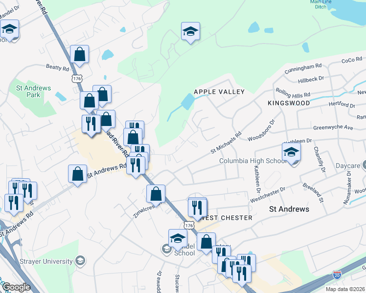 map of restaurants, bars, coffee shops, grocery stores, and more near 1435 Saint Andrews Road in Columbia