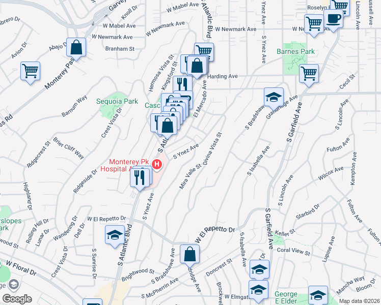 map of restaurants, bars, coffee shops, grocery stores, and more near 811 South Ynez Avenue in Monterey Park