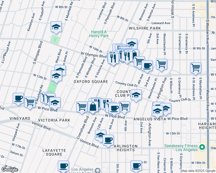 map of restaurants, bars, coffee shops, grocery stores, and more near 1140 Crenshaw Boulevard in Los Angeles