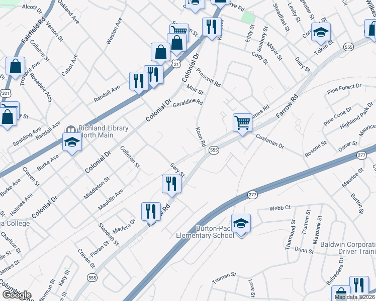 map of restaurants, bars, coffee shops, grocery stores, and more near 1729 Pats Drive in Columbia
