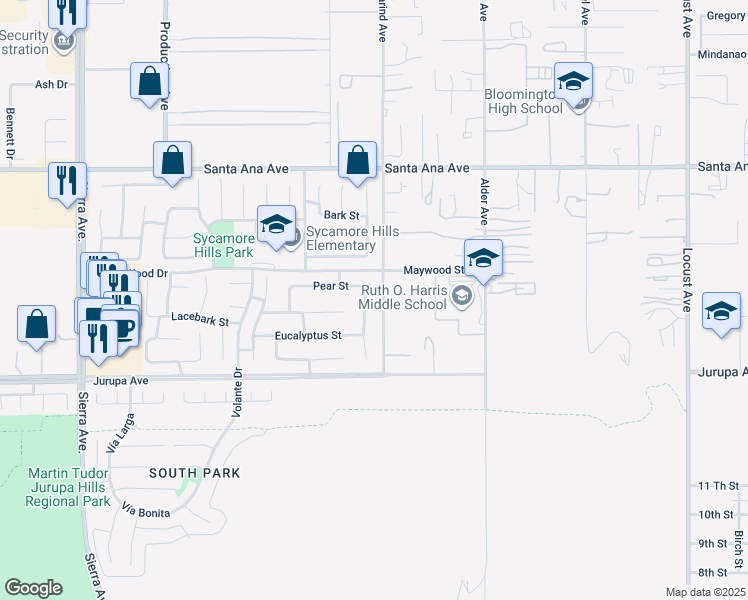 map of restaurants, bars, coffee shops, grocery stores, and more near 11133 Daylilly Street in Fontana