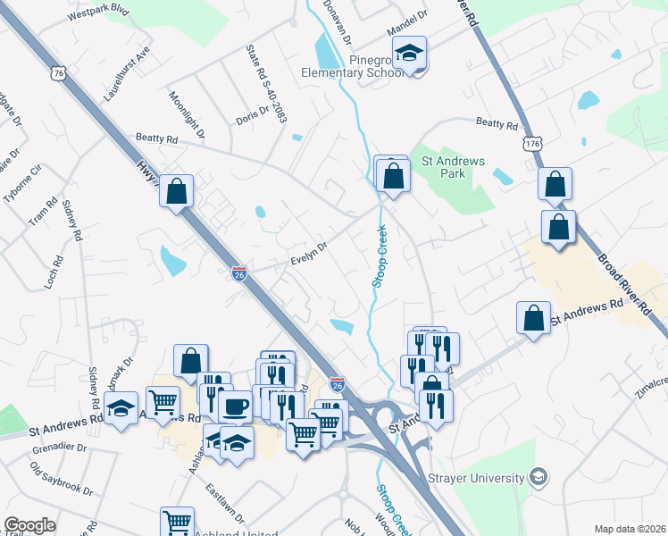 map of restaurants, bars, coffee shops, grocery stores, and more near 3643 Juneau Road in Columbia