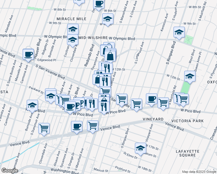 map of restaurants, bars, coffee shops, grocery stores, and more near 1250 South La Brea Avenue in Los Angeles