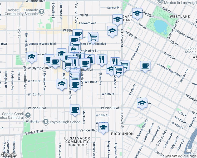 map of restaurants, bars, coffee shops, grocery stores, and more near 1041 Elden Avenue in Los Angeles