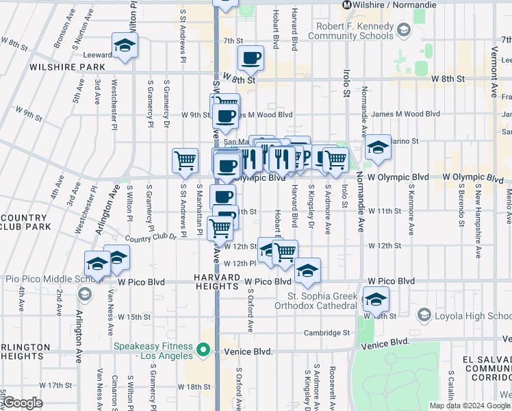 map of restaurants, bars, coffee shops, grocery stores, and more near 1055 Serrano Avenue in Los Angeles