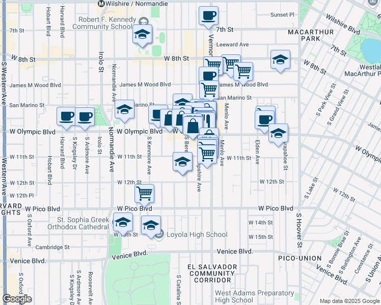 map of restaurants, bars, coffee shops, grocery stores, and more near 1050 South Berendo Street in Los Angeles