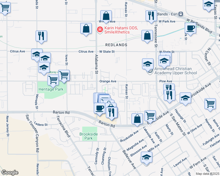 map of restaurants, bars, coffee shops, grocery stores, and more near 1555 Orange Avenue in Redlands